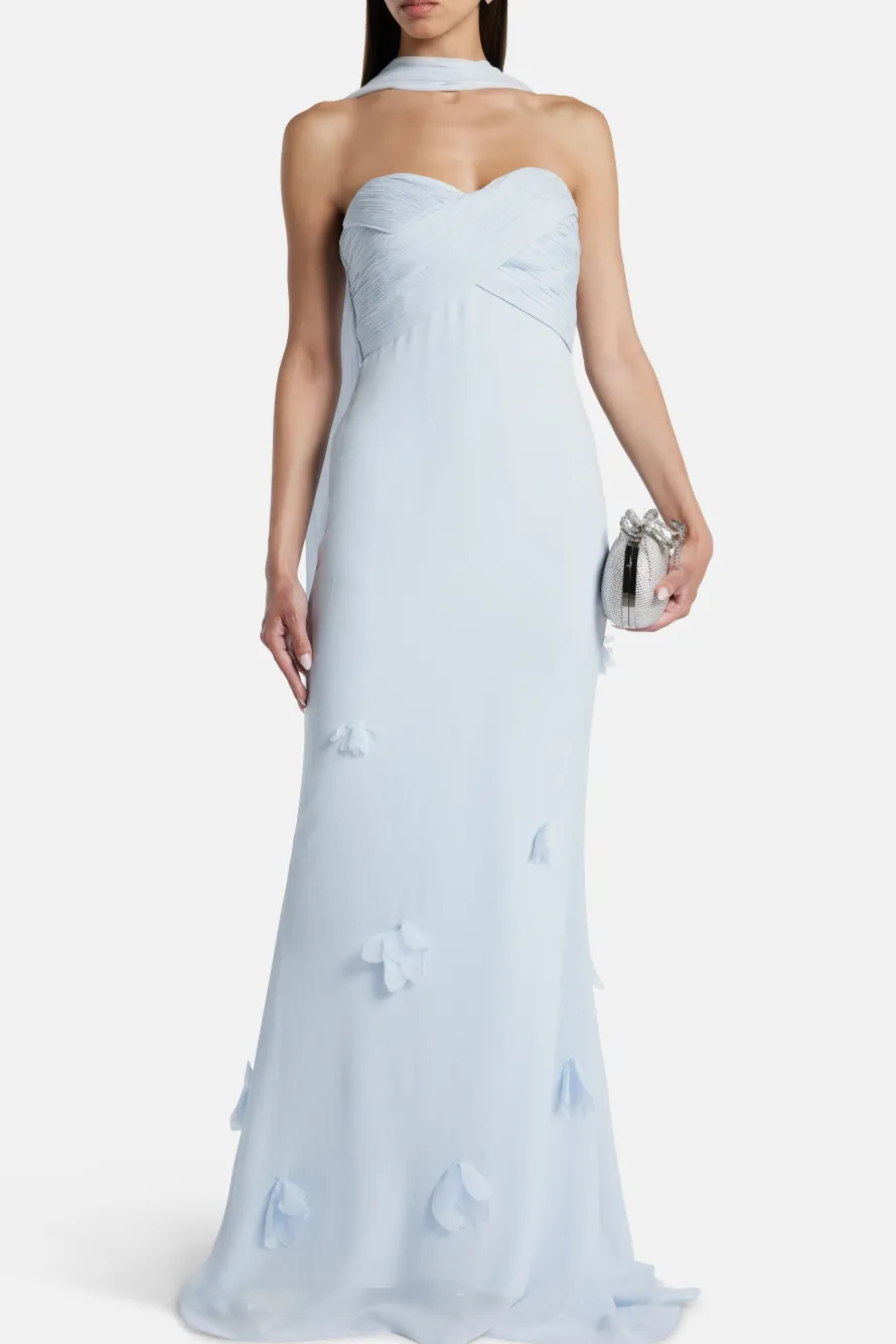 Georgette Floral Strapless Evening Dress With Scarf in Blue