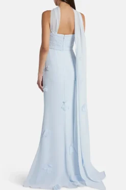 Georgette Floral Strapless Evening Dress With Scarf in Blue
