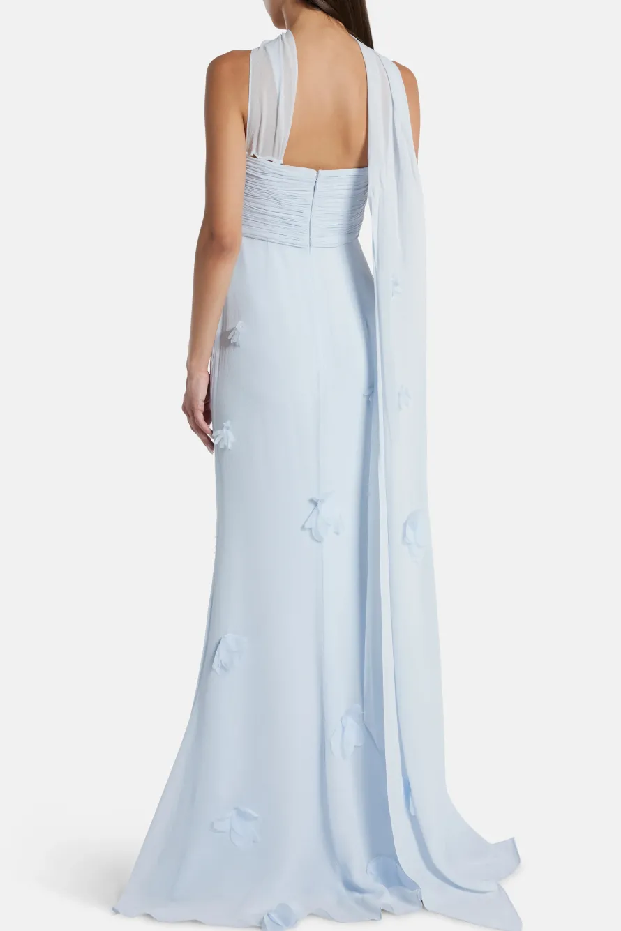 Georgette Floral Strapless Evening Dress With Scarf in Blue