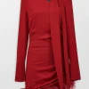 High Neck Mini Dress With Feather Hem