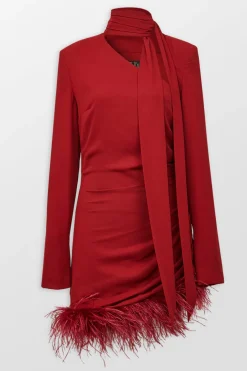 High Neck Mini Dress With Feather Hem