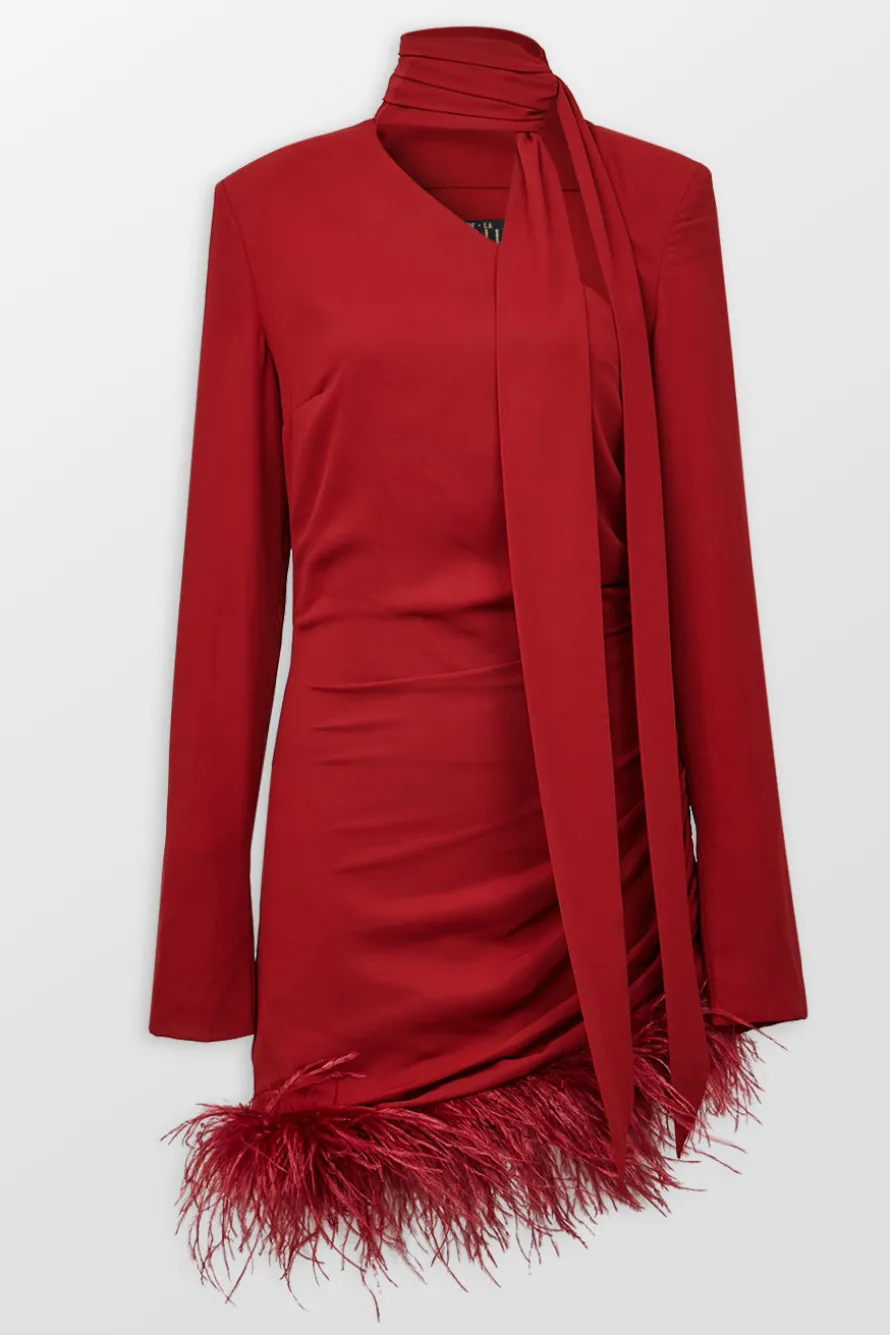 High Neck Mini Dress With Feather Hem