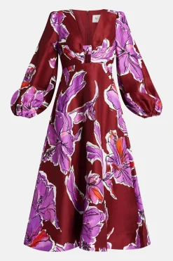 Inflorescence Floral Linen Midi Dress in Pink and Red