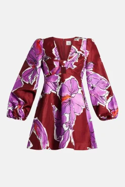 Inflorescence Floral Linen Mini Dress In Pink And Red