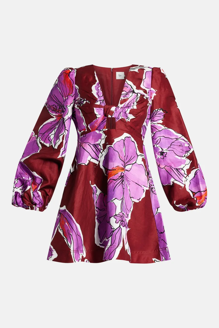 Inflorescence Floral Linen Mini Dress In Pink And Red