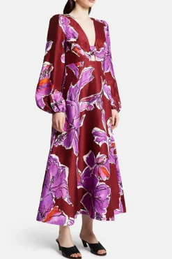 Inflorescence Floral Linen Midi Dress in Pink and Red