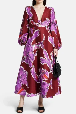 Inflorescence Floral Linen Midi Dress in Pink and Red