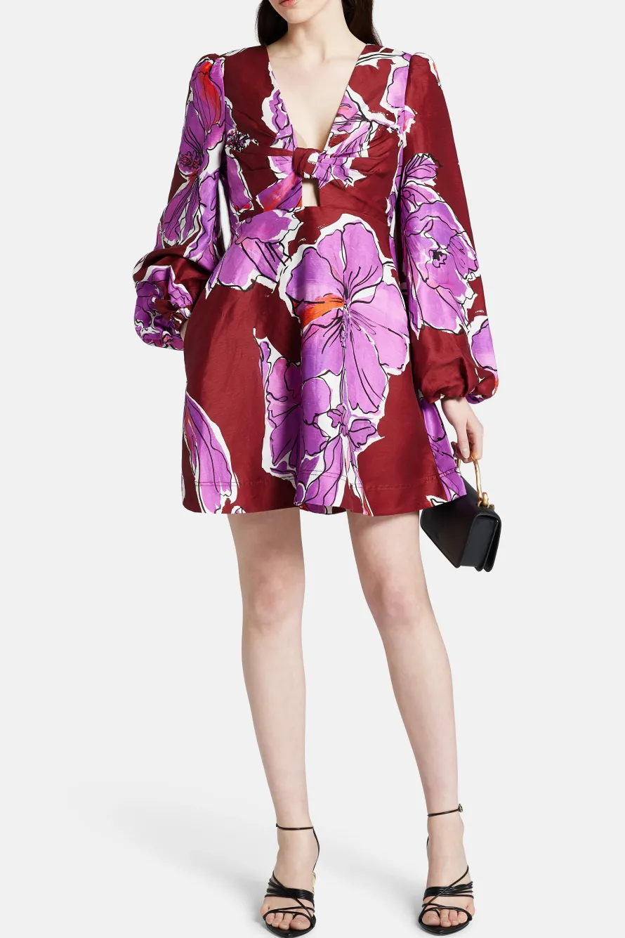 Inflorescence Floral Linen Mini Dress In Pink And Red