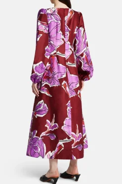 Inflorescence Floral Linen Midi Dress in Pink and Red