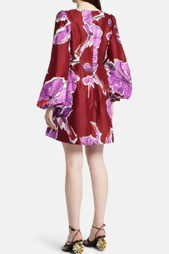 Inflorescence Floral Linen Mini Dress In Pink And Red