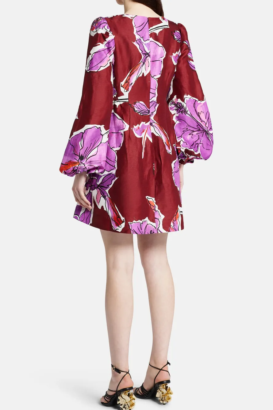 Inflorescence Floral Linen Mini Dress In Pink And Red