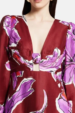 Inflorescence Floral Linen Midi Dress in Pink and Red
