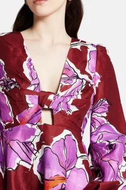 Inflorescence Floral Linen Mini Dress In Pink And Red