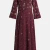 Jasmine Gold Stars Moon Embellished Evening Dress in Burgundy