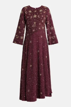 Jasmine Gold Stars Moon Embellished Evening Dress in Burgundy