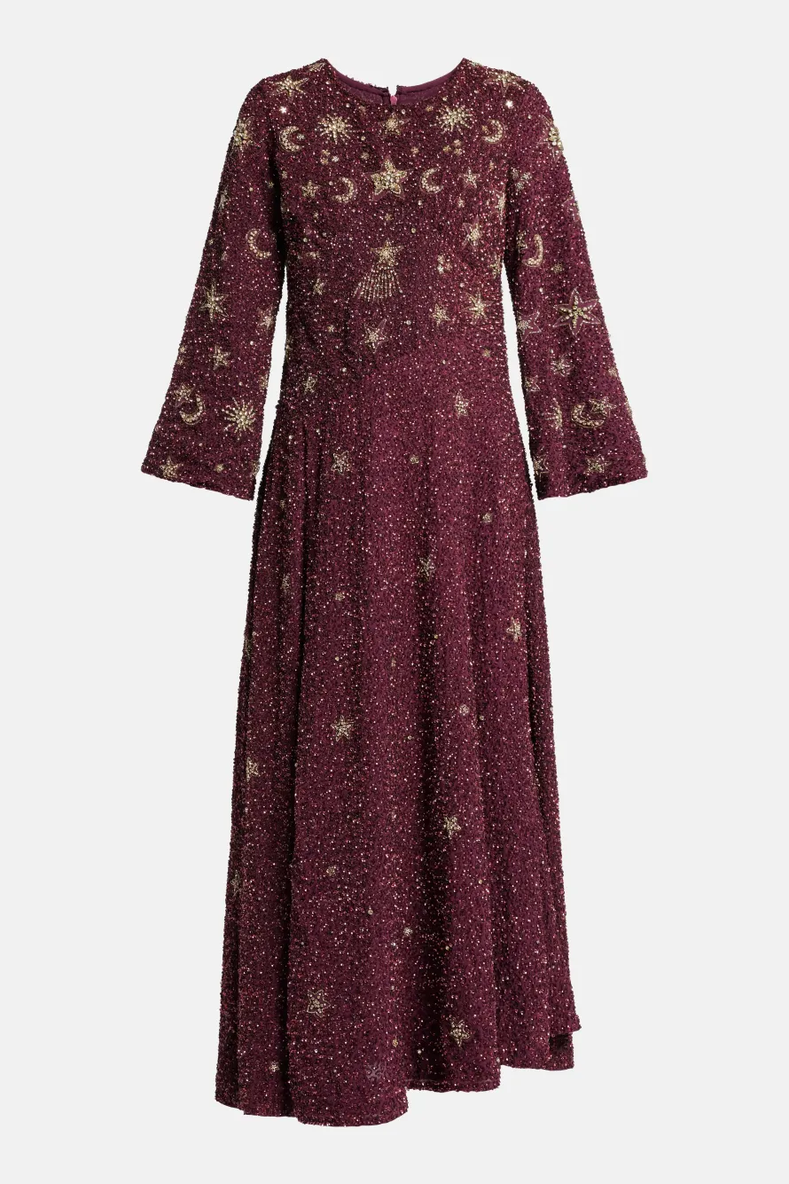Jasmine Gold Stars Moon Embellished Evening Dress in Burgundy