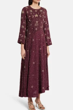 Jasmine Gold Stars Moon Embellished Evening Dress in Burgundy