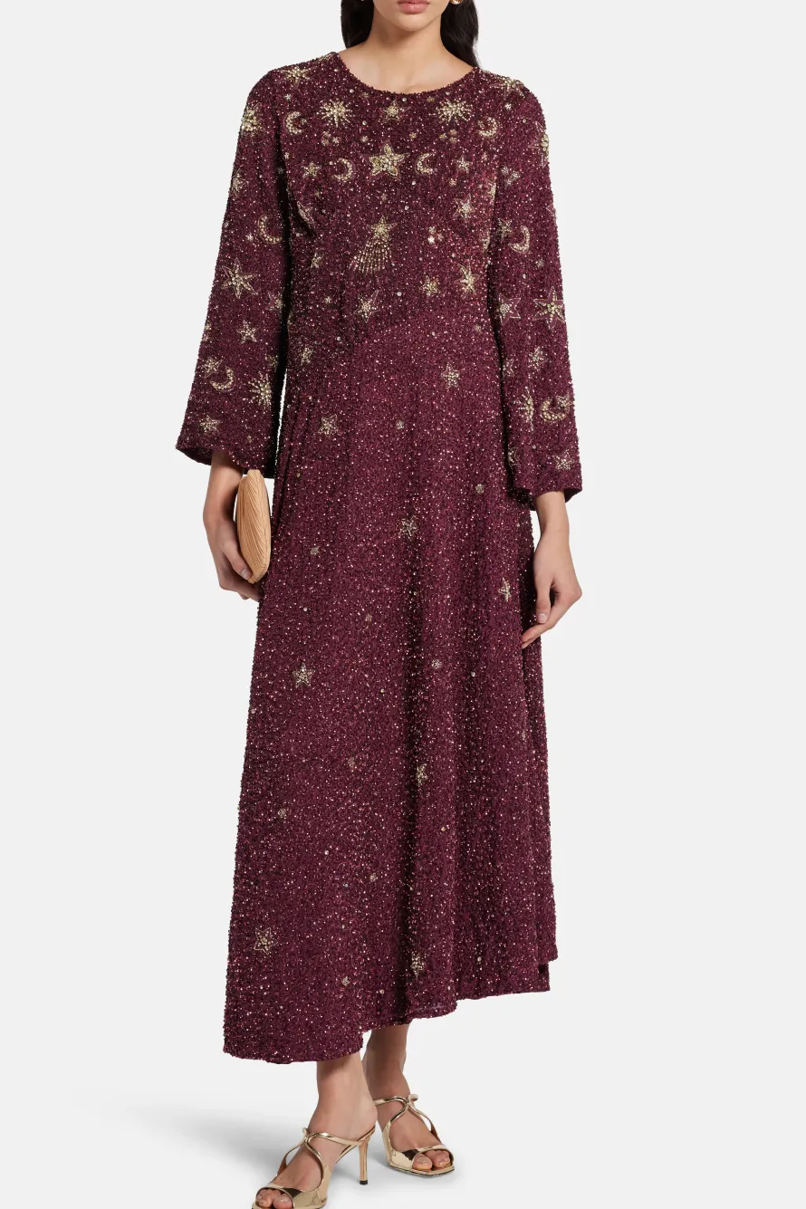 Jasmine Gold Stars Moon Embellished Evening Dress in Burgundy
