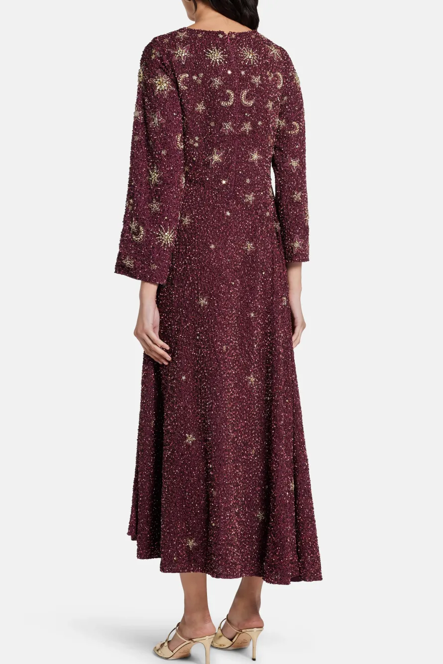 Jasmine Gold Stars Moon Embellished Evening Dress in Burgundy