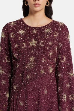 Jasmine Gold Stars Moon Embellished Evening Dress in Burgundy