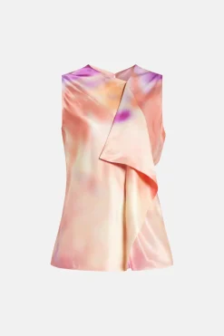 Kiara Printed Silk Blend Top in Orange/ Pink