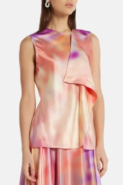 Kiara Printed Silk Blend Top in Orange/ Pink