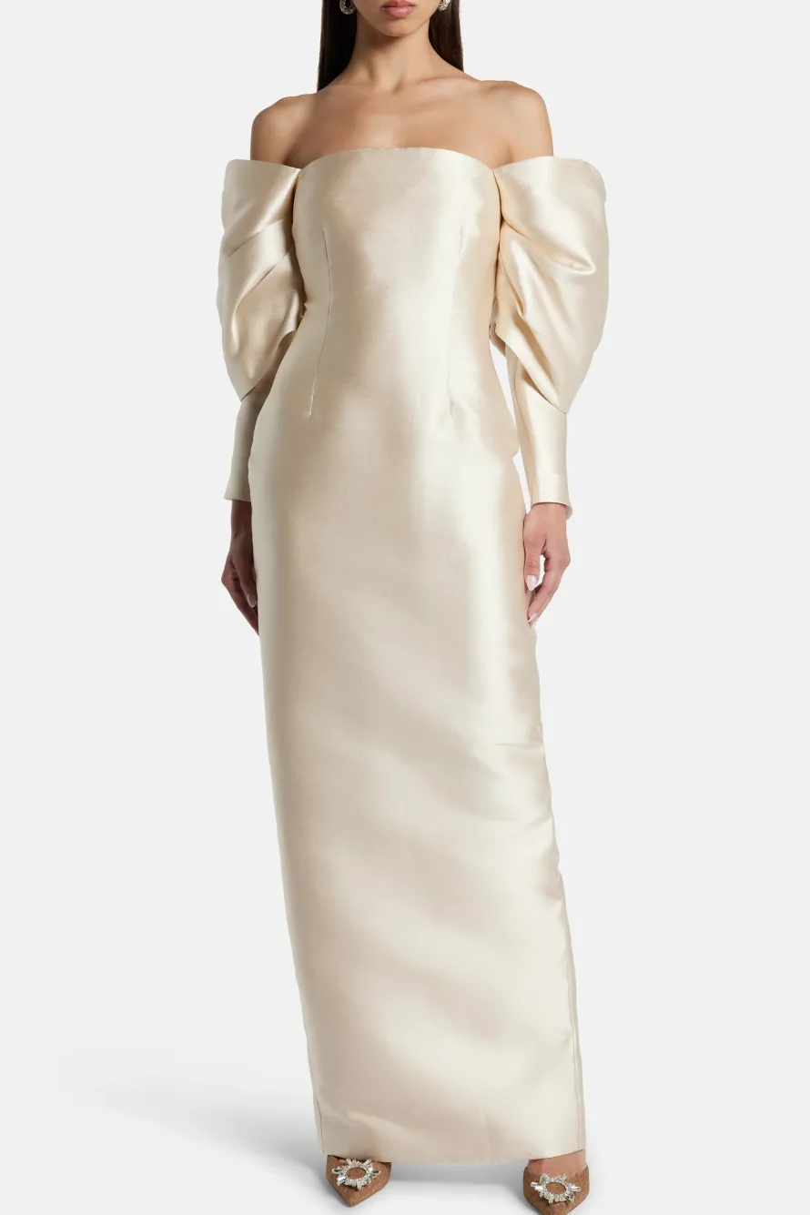 Laylah Off Shoulder Puff Sleeve Evening Dress in Cream