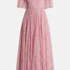 Leila Dot V Neck Sequin Midi Dress in Pink