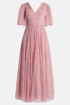 Leila Dot V Neck Sequin Midi Dress in Pink