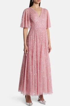 Leila Dot V Neck Sequin Midi Dress in Pink