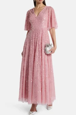 Leila Dot V Neck Sequin Midi Dress in Pink