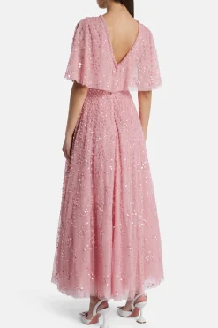 Leila Dot V Neck Sequin Midi Dress in Pink