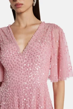 Leila Dot V Neck Sequin Midi Dress in Pink
