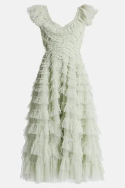 Lola Backless Ballerina Floral Ruffle Midi Dress in Green