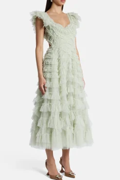 Lola Backless Ballerina Floral Ruffle Midi Dress in Green