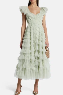Lola Backless Ballerina Floral Ruffle Midi Dress in Green