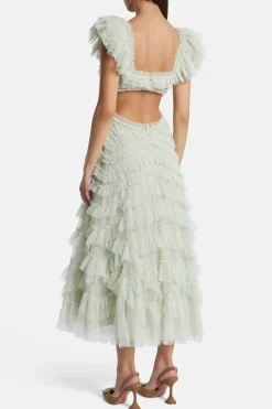 Lola Backless Ballerina Floral Ruffle Midi Dress in Green