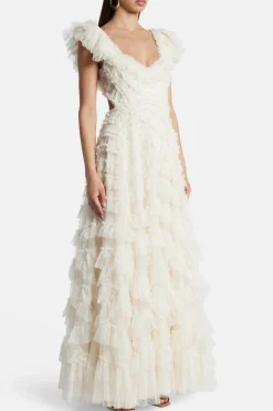 Lola Backless Ruffle Maxi Dress in Cream