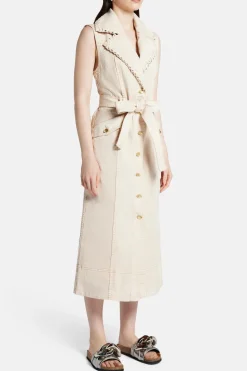 Lorah Sleeveless Denim Cotton Midi Dress in Beige