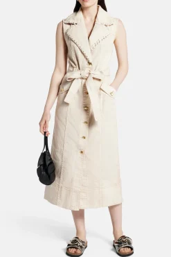 Lorah Sleeveless Denim Cotton Midi Dress in Beige