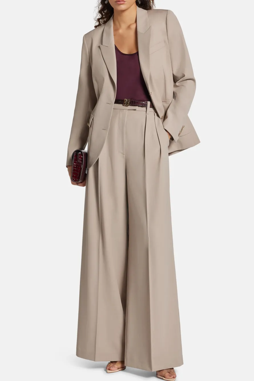 Lou High Waisted Flared Wool Trousers in Beige