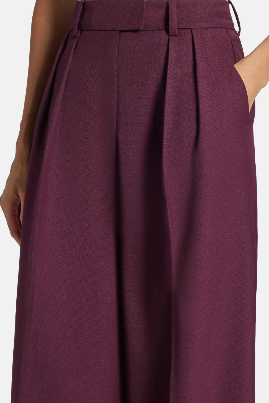 Lou High Waisted Flared Wool Trousers in Burgundy