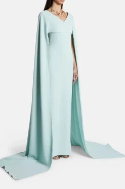 Morgan V Neck Cape Evening Dress in Blue