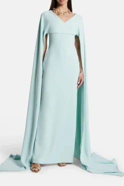 Morgan V Neck Cape Evening Dress in Blue