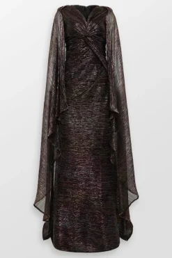 Mystery Voile Metallic Cape Evening Gown