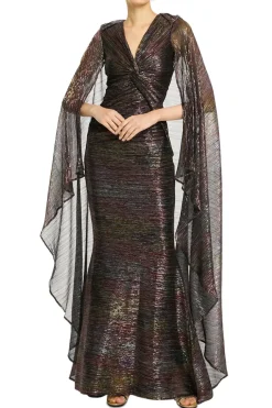 Mystery Voile Metallic Cape Evening Gown