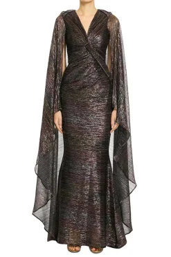 Mystery Voile Metallic Cape Evening Gown