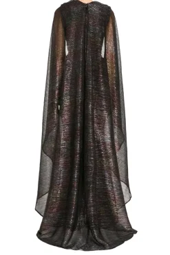 Mystery Voile Metallic Cape Evening Gown