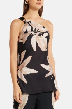 Niru Floral One Shoulder Top in Black