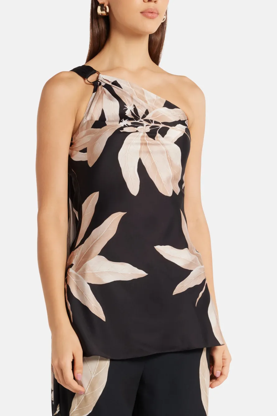 Niru Floral One Shoulder Top in Black
